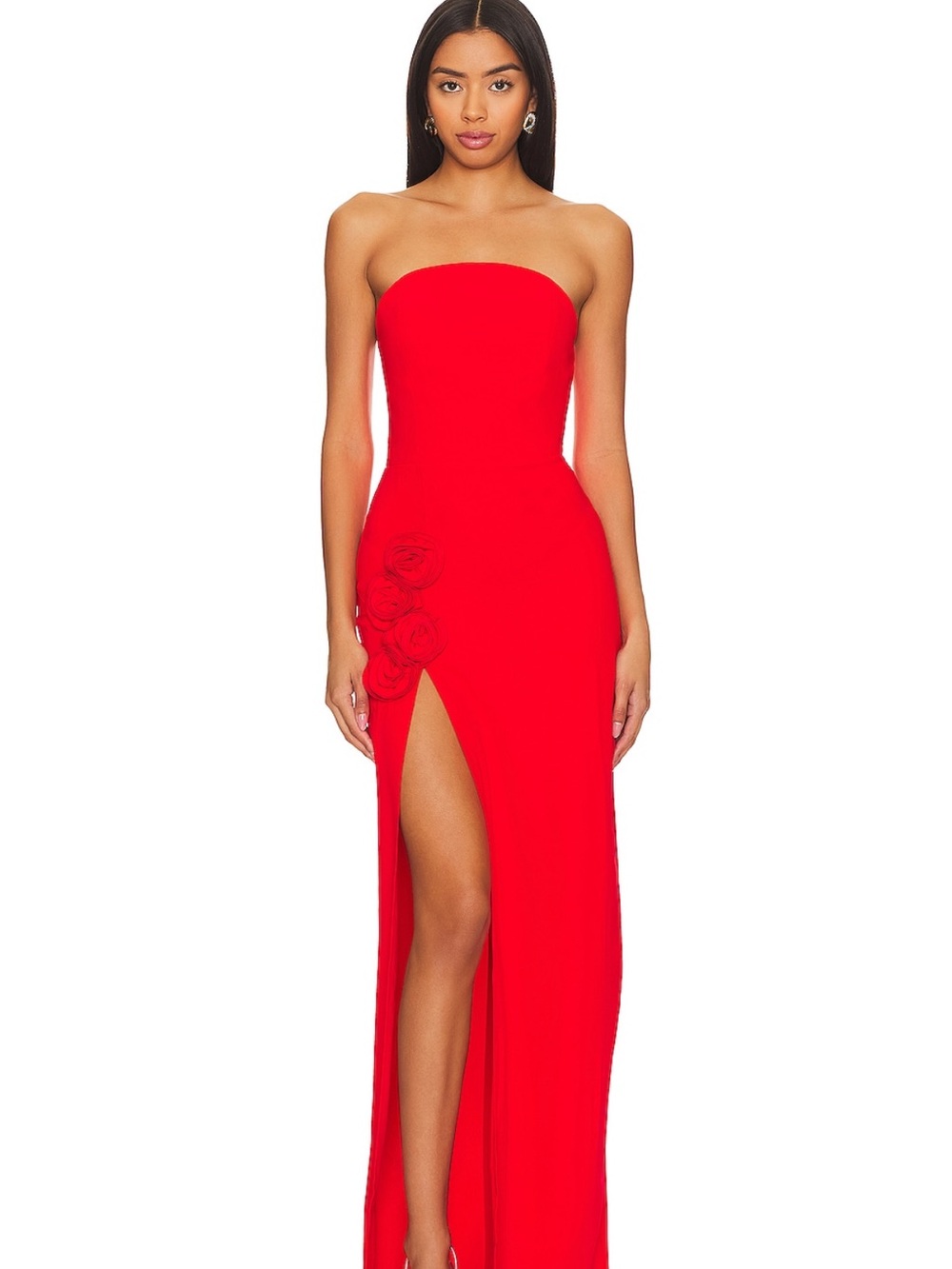 Amanda Uprichard Strapless Red Gown with Floral Appliqué and High Slit